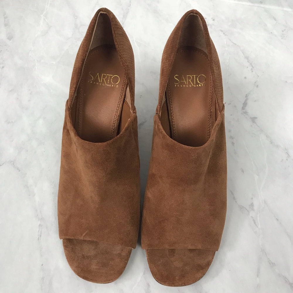 Franco Sarto Peep Toe Booties Leather NWOT Tan - Picture 2 of 6
